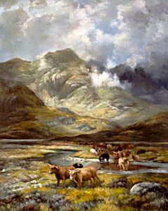 landscape paintings showing highland cows in the highlands of Scotland