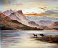 impressionist painting of horses by the loch
