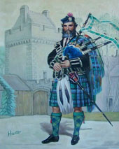 Painting showing a clansman dressed in Hunter tartan at Hunterston Castle