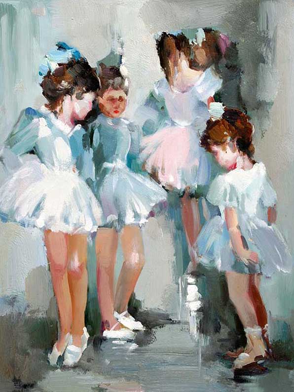 oil painting of small girls getting ready for ballet