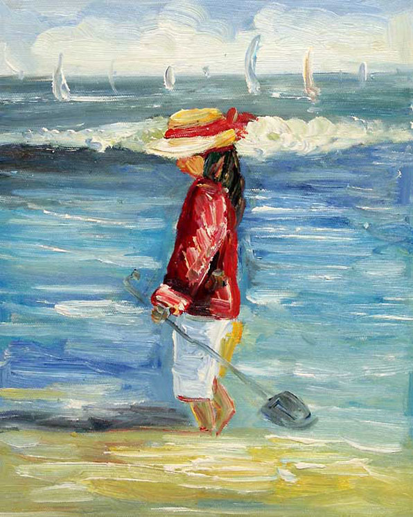 oil painting of child paddling in the sea