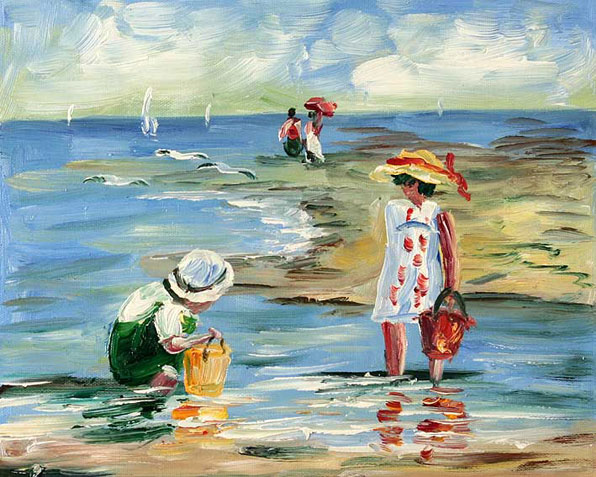 oil painting of children playing with their buckets