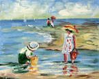 oil painting of children playing with their buckets