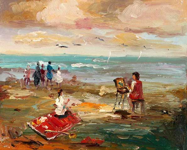 impression of artist on the beach painting the view