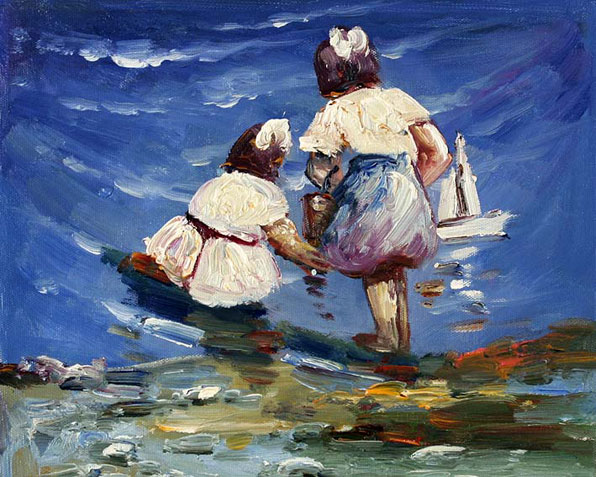 painting of young children playing with a boat