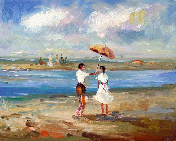oil painting of a young man and lady friend with an umberella