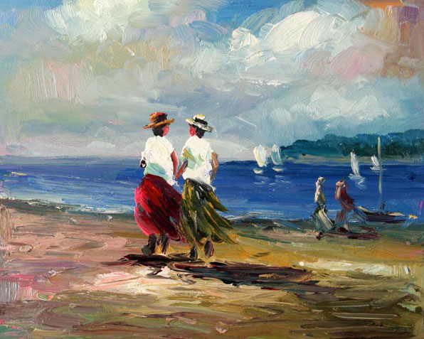 a painting of two old dears strolling along the strand