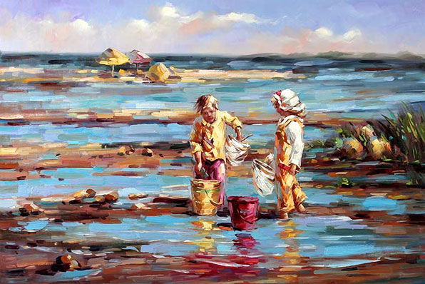 oil painting of children playing with their nets and buckets