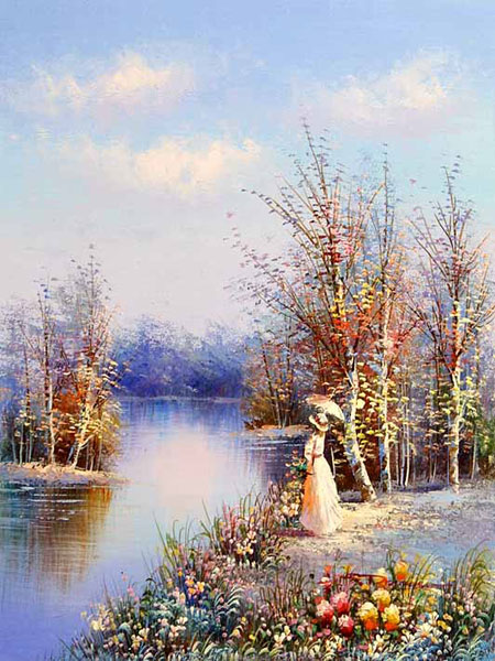 painting of a young lady looking out over the river