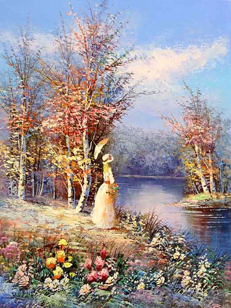 painting of young lady on the river bank