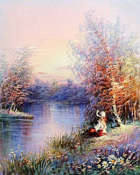 painting of a young child fishing on the river