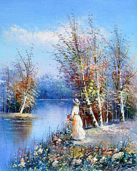 painting of young person by the river