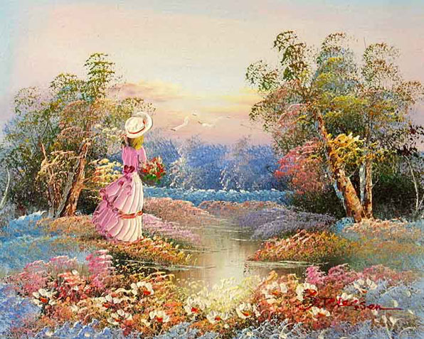 painting of young lady collecting flowers