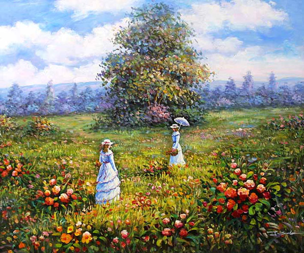painting of young ladies collecting flowers