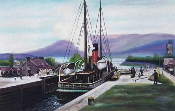an oil painting showing a steamship approaching Loch Ness
