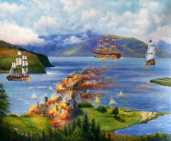 painting showing the battle at Eilean Donan in the 1719 Jacobite uprising
