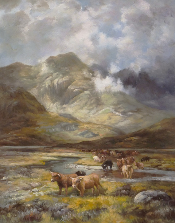 painting with highland cows in the mountains