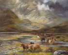 highland landscape painting with highland cows