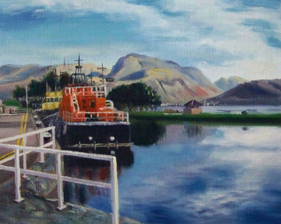 Scottish artist painting of the caledonian canal with Ben Nevis in the background