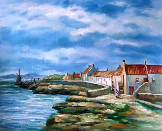 Scottish artist painting of Fife fishing village at Buckhaven
