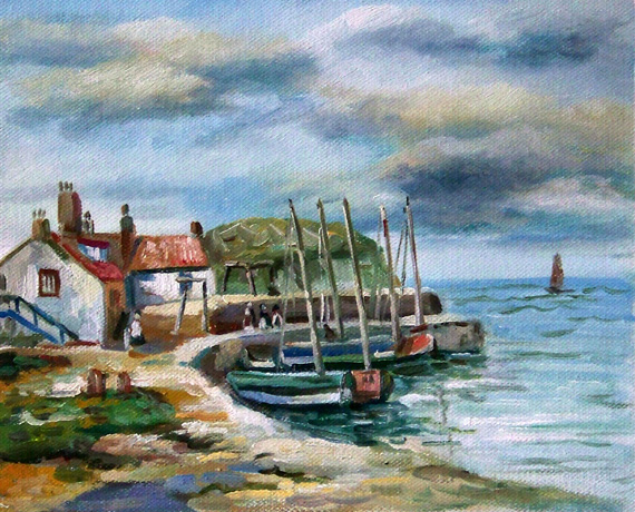 Scottish artist painting of Fife fishing village at Cellardyke