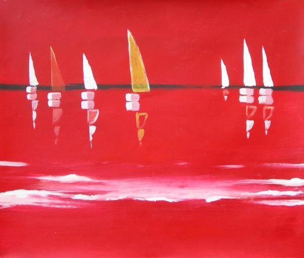 painting of boats on the lake