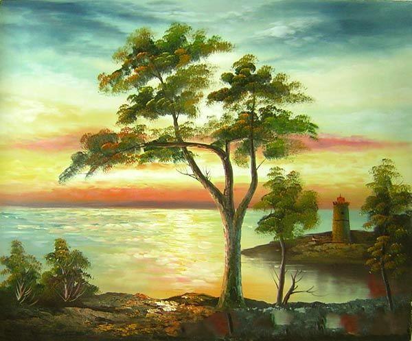 landscape painting with a castle and the sea