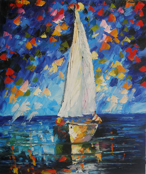 thick oil painting showing a sailing boat